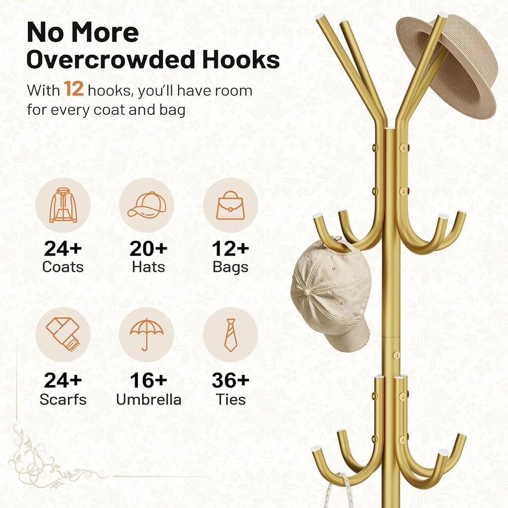 Gold Coat Rack Freestanding 12 Hooks Coat Hanger Stand Heavy Duty Coat Tree