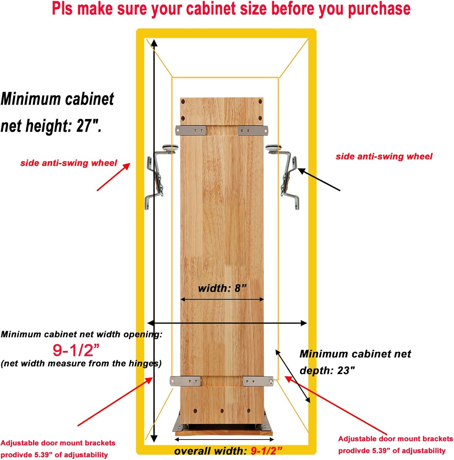 DINDON Pull Out Spice Rack Cabinet Organizer, (8" W x 21.9" D x 25.2" H) Multi-Use Soild Wood Pull Out Cabinet Organizer Slide Out Shelf Sliding Base Cabinet Storage Organization