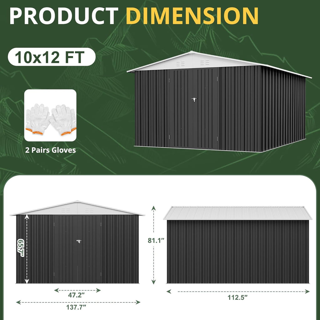 10x12 FT Outdoor Storage Shed, Garden Shed with Updated Frame Structure and Lockable Doors, Metal Tool Sheds for Backyard Garden Patio Lawn, White
