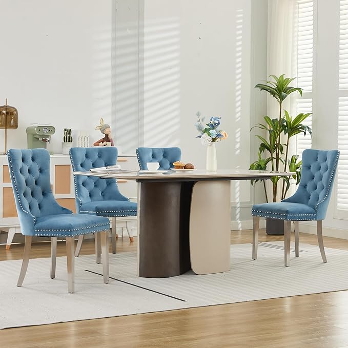 Luxury Upholstered Dining Chairs Set of 4, Light Blue Kitchen Chair with Silver Metal Legs, Velvet Tufted Back Dining Chair, Sillas de Comedor, Modern Kitchen & Dining Room Chairs (Light Blue, 4 Pcs)