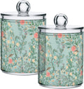 Vintage Floral Green 2 Pack Qtip Holder Dispenser for Cotton Ball, Swab, Pads - Clear Plastic Apothecary Jars with Lids for Bathroom Organizer, 10 oz