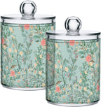 Vintage Floral Green 2 Pack Qtip Holder Dispenser for Cotton Ball, Swab, Pads - Clear Plastic Apothecary Jars with Lids for Bathroom Organizer, 10 oz