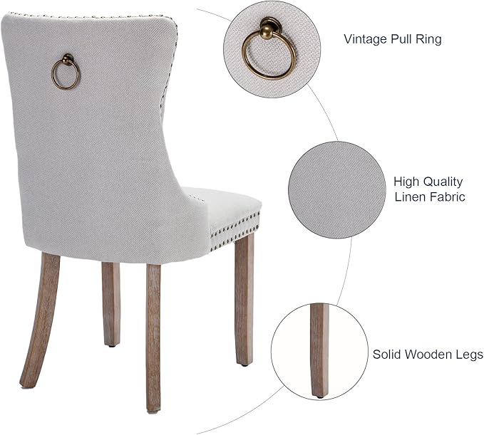 Dining Chairs Set of 2, Upholstered Tufted Linen Fabric Dining Room Chairs with High Back, Nailhead Trim and Solid Wood Legs, Modern Dining Chair for Dining Room, Kitchen(Beige)