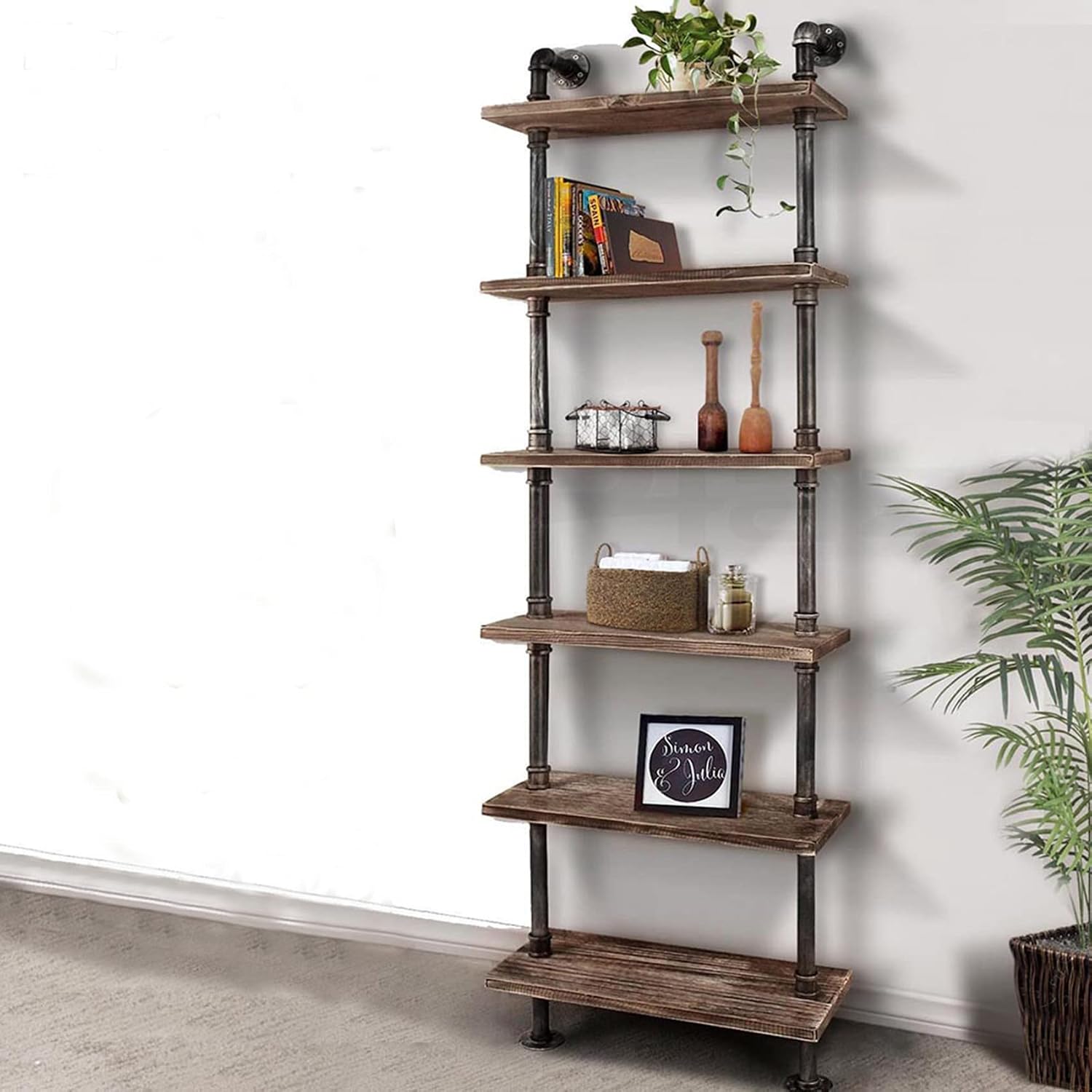 6 Tier Ladder Wall Shelf with Wood Planks, Industrial Iron Pipe Style Storage Rack for Living Room or Home Office