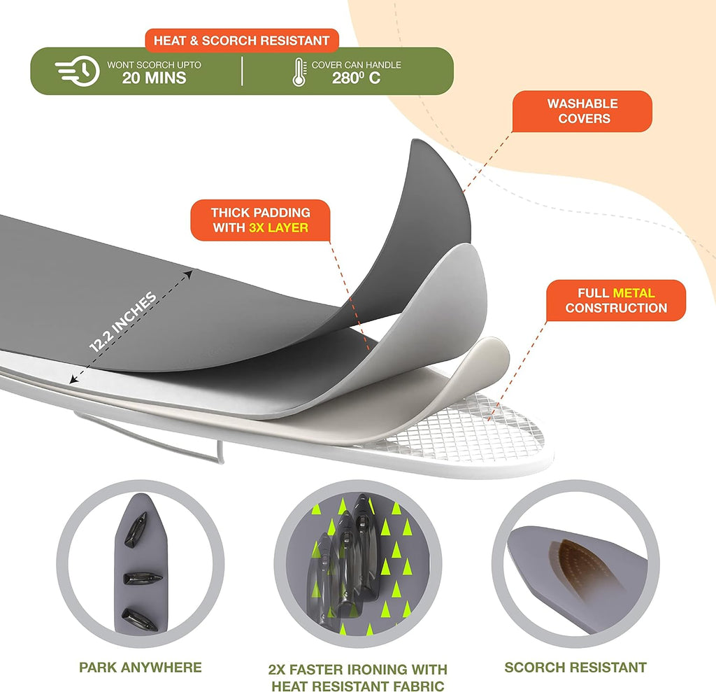 Xabitat Wall Mounted Ironing Board with Iron Holder, 36.2" X 12.2" Compact Mount Fold Down Ironing Board for Small Spaces, Space Saving with Cotton Fabric Cover, Green and Grey