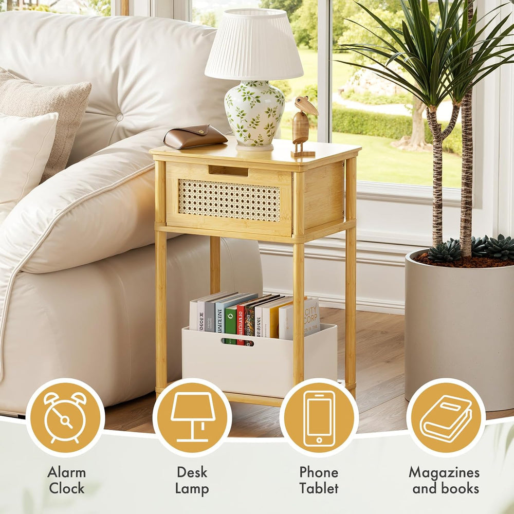 Bamboo Nightstand, Boho Side Table with Drawer and Open Shelf, 3 Tier End Tab...