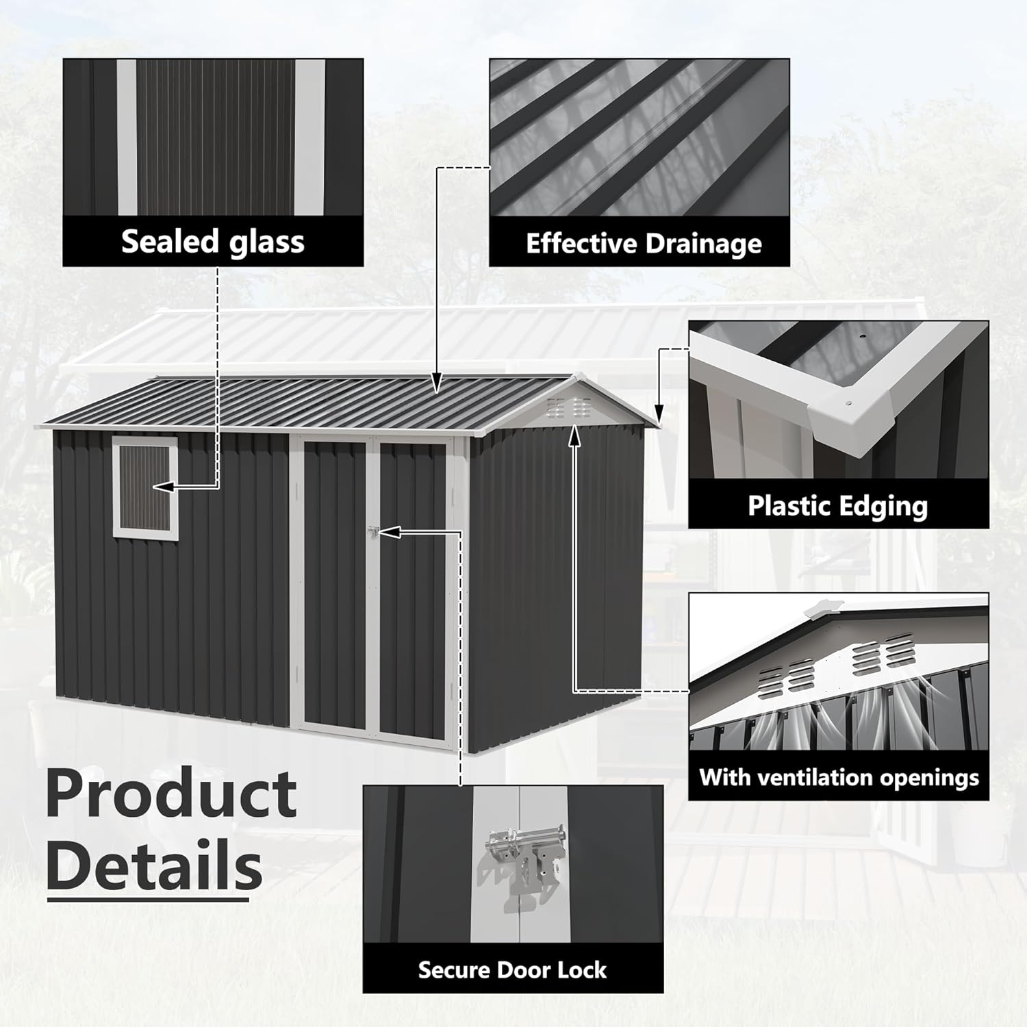 KEIKI 9x6 FT Metal Storage Shed with Window, Large Outdoor Backyard Shed for Tools & Equipment, Durable Galvanized Steel Garden Shed for Patio or Tiny House Use, Gray