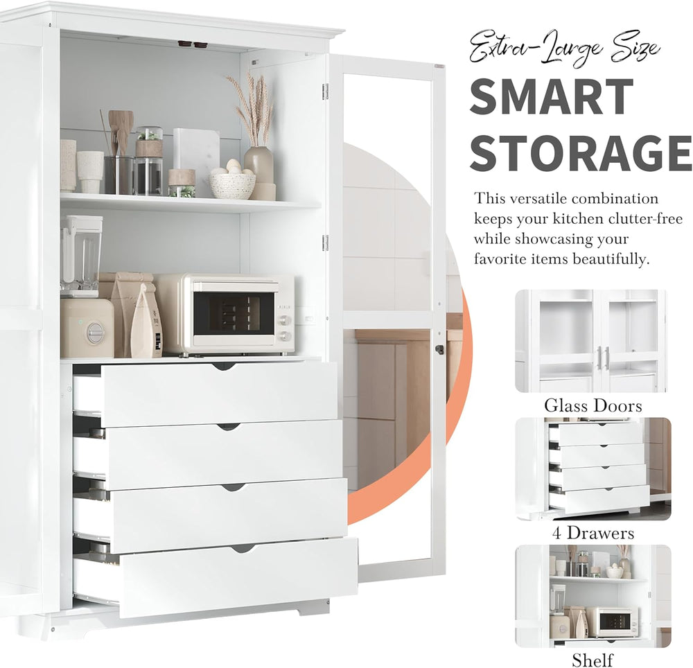 Merax 75" Tall Pantry Cabinet, Kitchen Pantry Storage Cabinets with Glas...