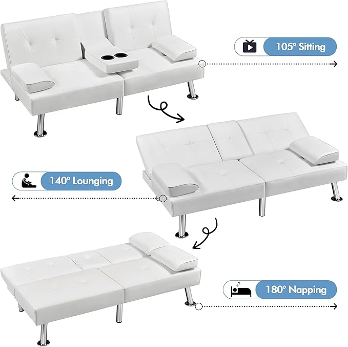 Yaheetech Convertible Sofa Bed Adjustable Couch Sleeper Modern Faux Leather Home Recliner Reversible Loveseat Folding Daybed Guest Bed, Removable Armrests, Cup Holders, 3 Angles, 772lb Capacity, White