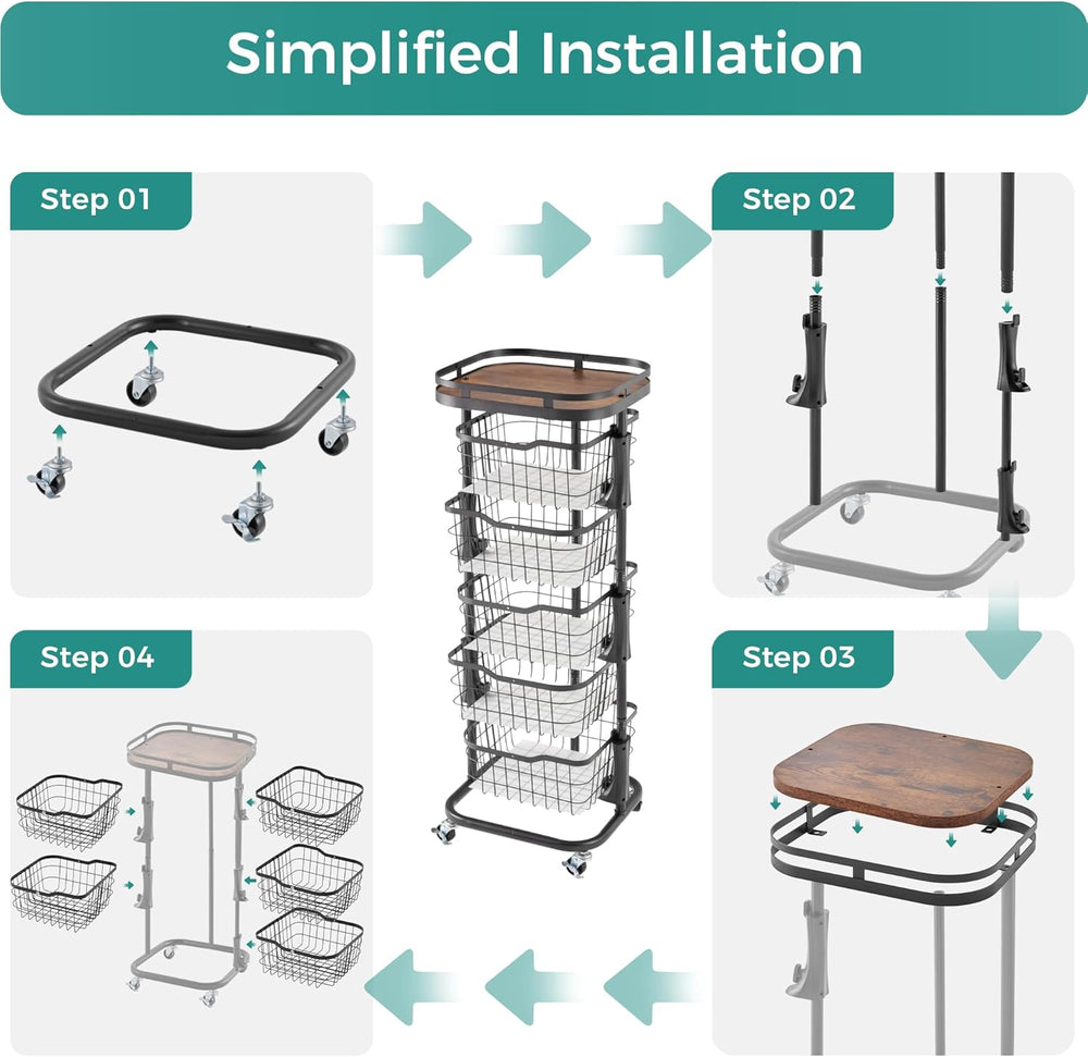 5 Tier Kitchen Fruit Vegetable Storage Cart with One-Piece Rotating Basket, P...