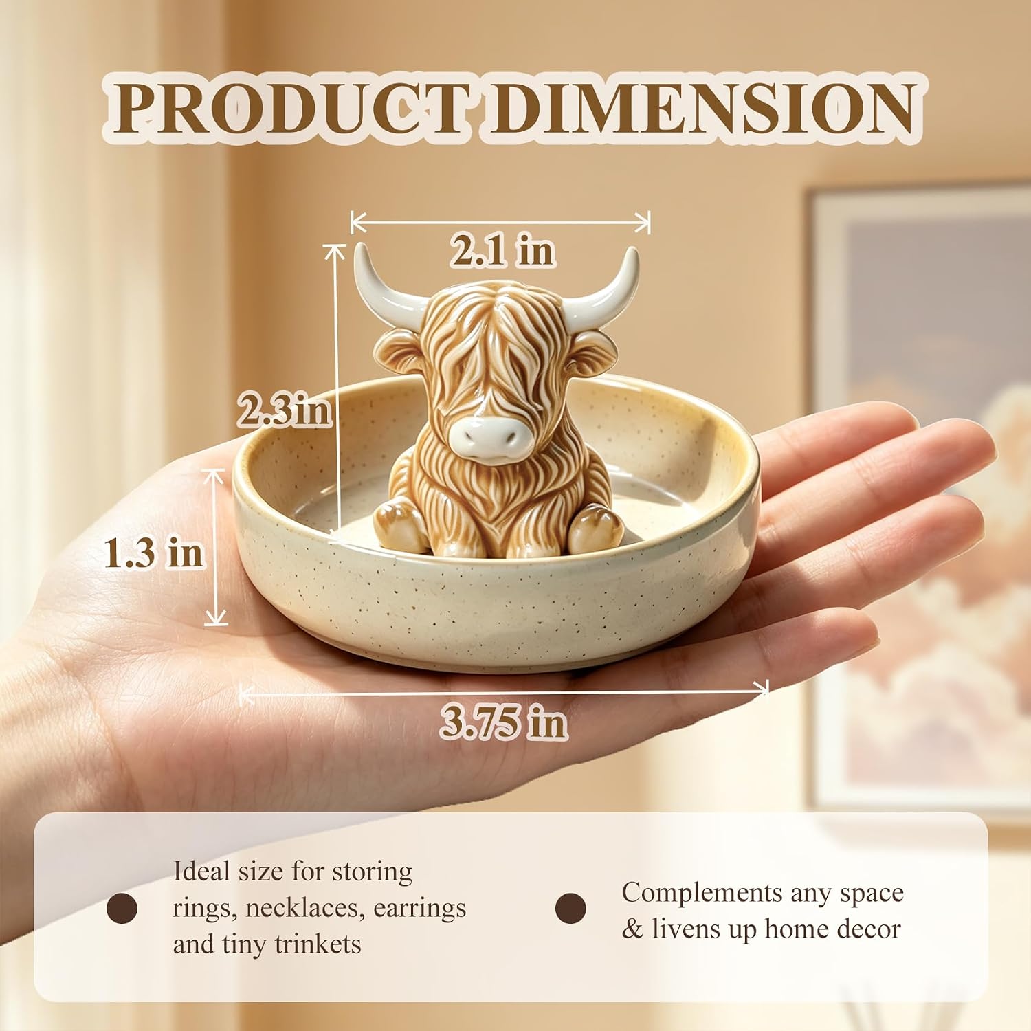 Highland Cow Gifts for Women, Ceramic Highland Cow Ring Holder with Circular Tray, Wedding, Christmas, Birthday Gifts for Women, Mom, Wife, Farmhouse & Bohemian Style Jewelry Holder for Desk Decor