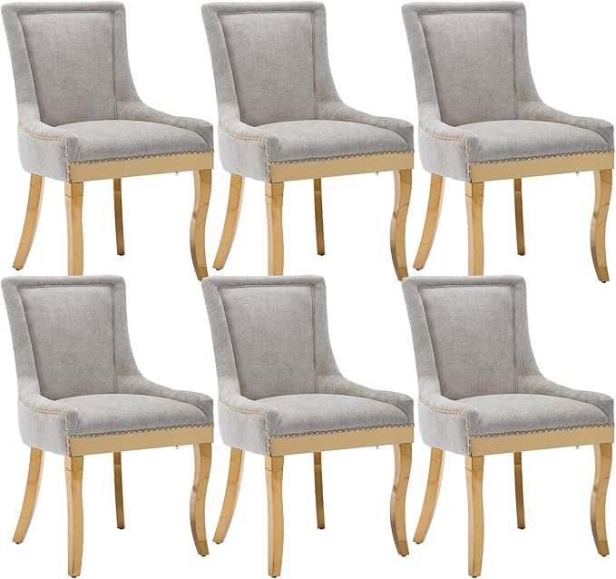 Upholstered Dining Chairs Set of 6, Modern Fabric Side Chairs with Gold Stainless Steel Legs, Accent Kitchen Chairs for Dining Room Table, Beige