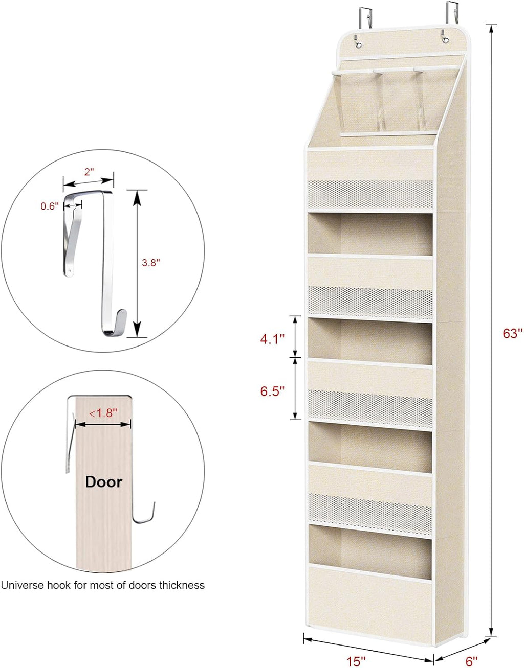 Univivi 6-Shelf Over Door Hanging Organizer Fabric Baby Door Storage with 5 Large Pockets and 3 Small PVC Pockets Wall Mount Hanging Storage Organizers for Baby Essential (Beige)