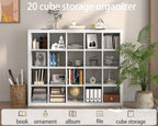 Sturdy Wooden Bookshelf with Storage Bins - 20-Cube Organizer, Multifunctional Cubicle Rack for Display & Storage, Living Room, Bedroom, Office, White