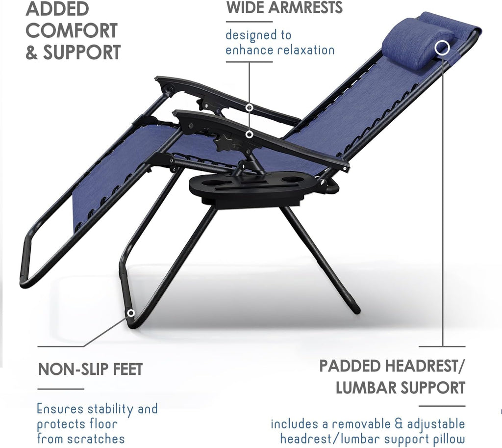Nestl Zero Gravity Chairs, Portable Patio Lounge Chair Outdoor with Pillows & Cup Holder Trays, Adjustable Steel Mesh Reclining Camping Chair, Folding Patio Lawn Chair for Deck, Beach, Yard - Blue