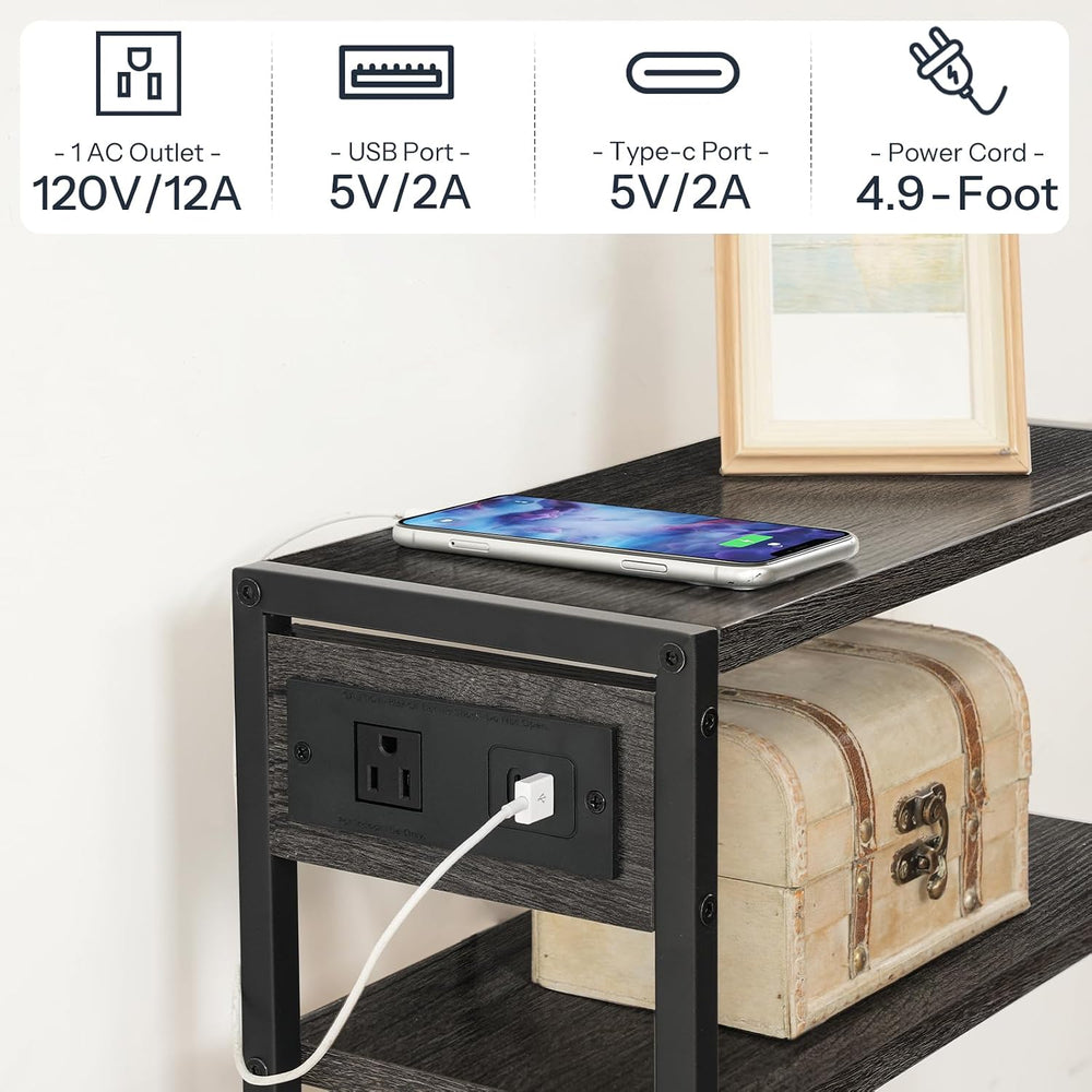 HOOBRO Small Narrow Side Table with Charging Station, Skinny End Table for Sm...