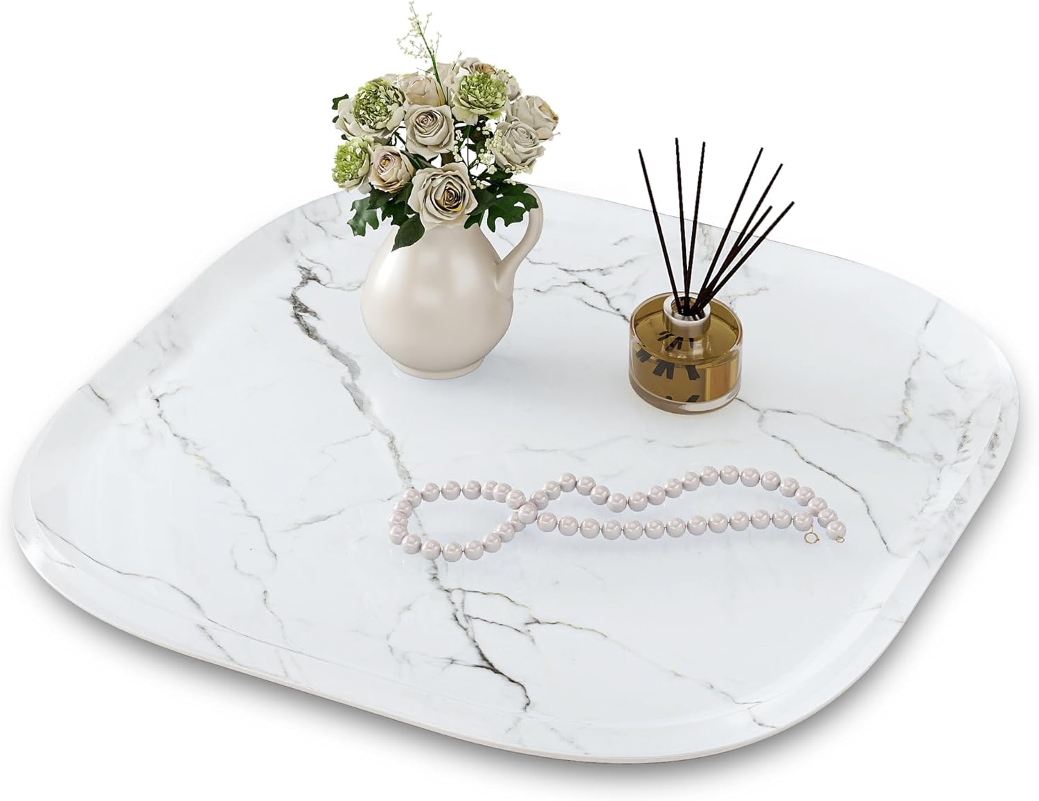 Vanity Decorative Tray, 12" x 12" White Marble Pattern Perfume Tray, Bathroom Tray Countertop Organizer for Soap Towel, Jewelry, Candle