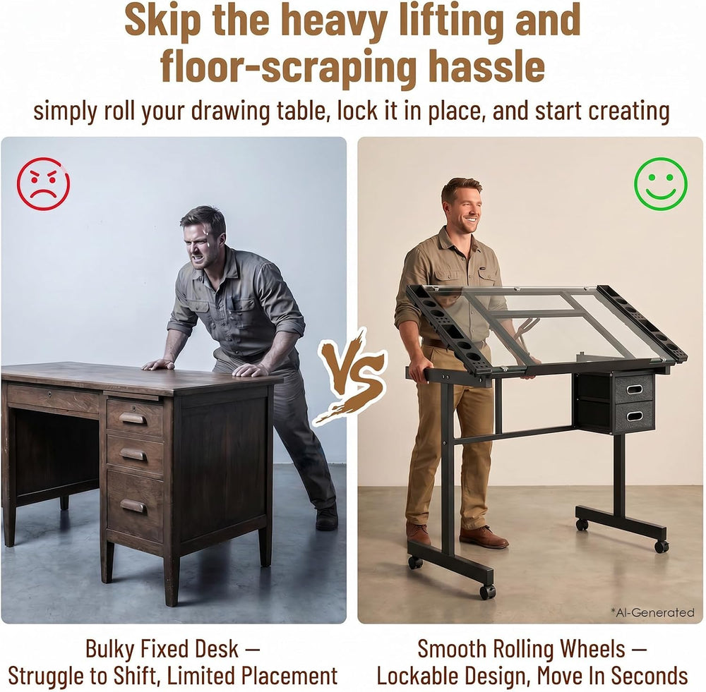 Rolling Drafting Table on Wheels, Painting Table Art Craft Desk Crafting Tabl...