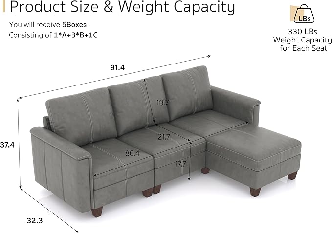 SITJOY 91" Faux Leather Modular Sectional Sofa with Storage, Mid Century Modern Sectional Couches for Living Room, Soft Padded Armrests, 3 Seater L-Shaped Couch with Ottoman, Gray