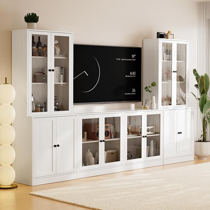 TUSY 71" TV Stand Storage Set - 2 Tall Bookcases & 2 Side Cabinets, Media Console with Glass & Wood Doors, Entertainment Center with Drawers, Tall Media Console for Living Room (White, ADDA)