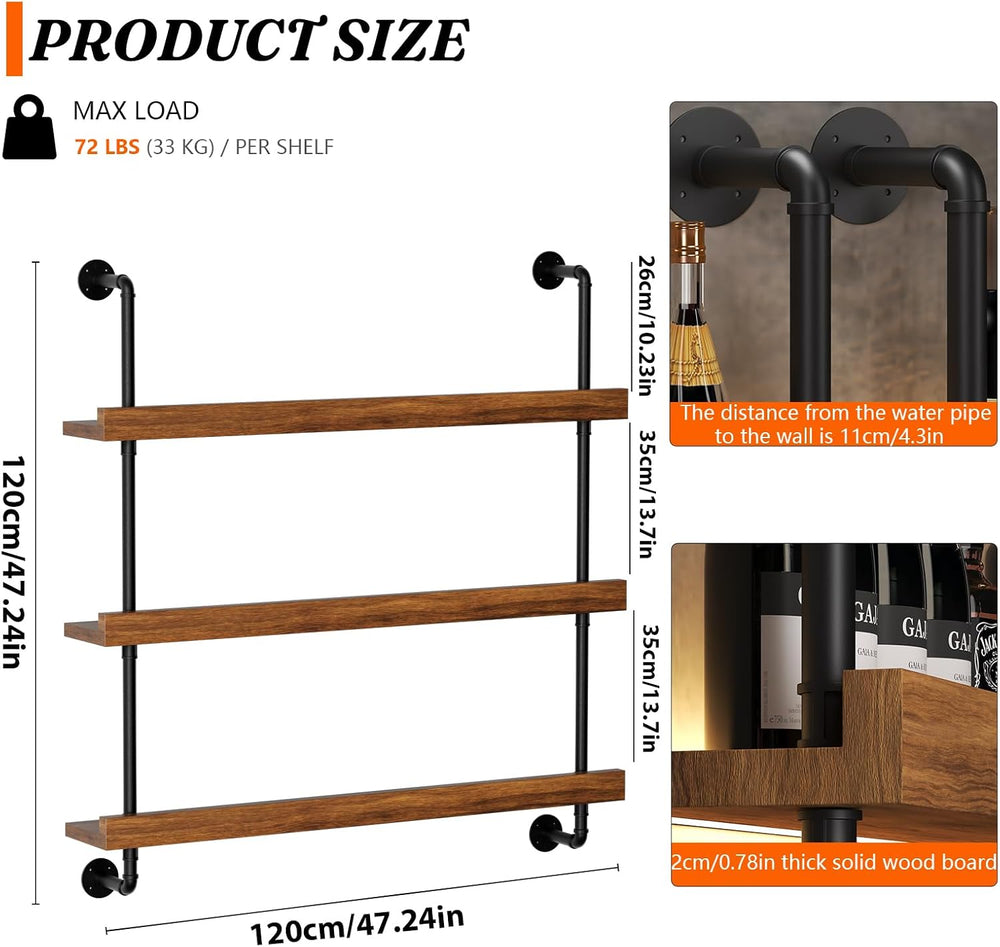 Large Wine Rack Wall Mounted with LED Light, Solid Wood Bar Shelves Wall Moun...