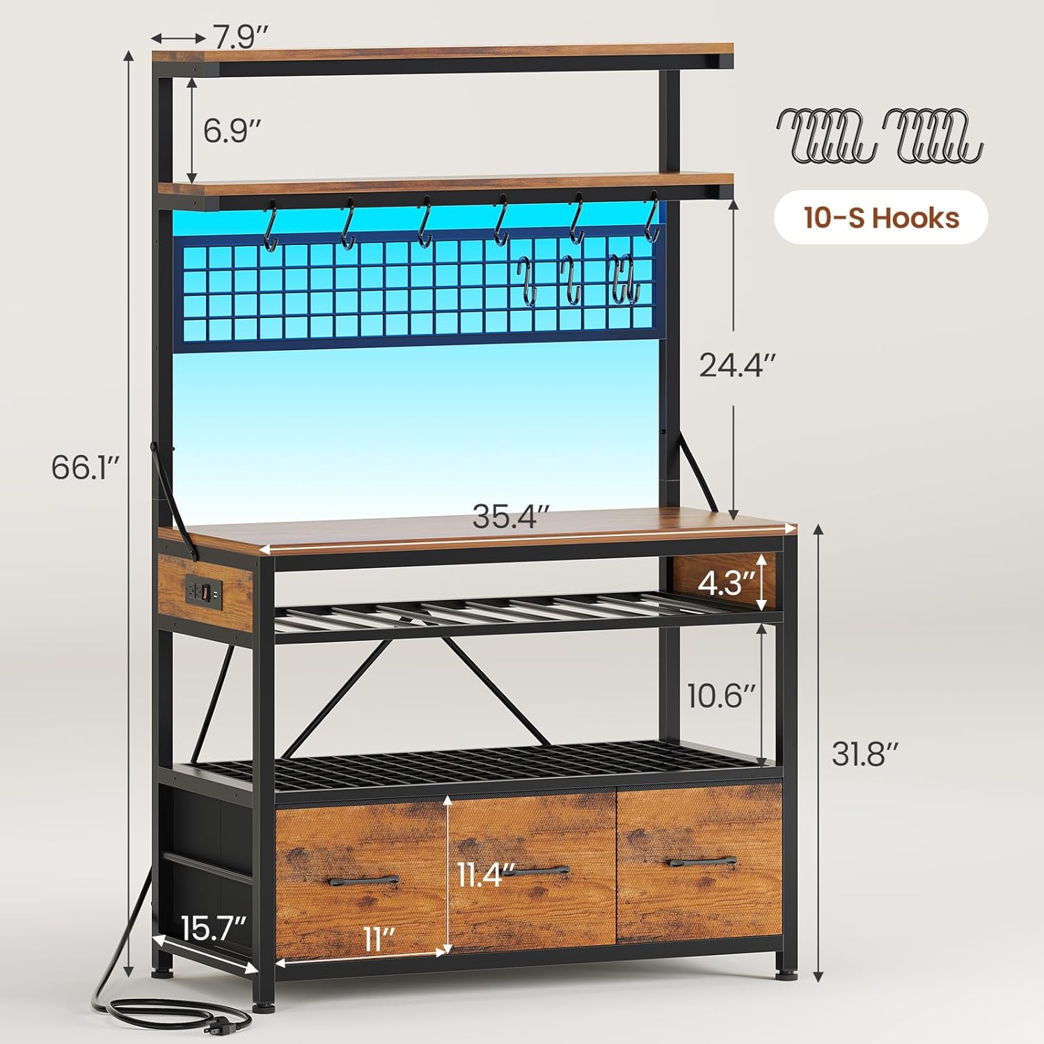 Itaar Bakers Rack with Storage and Power Outlet, 35.4 inch Coffee Bar Cabinet, Microwave Stand Kitchen Cabinet with Hutch, LED Lights, Wine Rack and Hooks, Rustic Brown