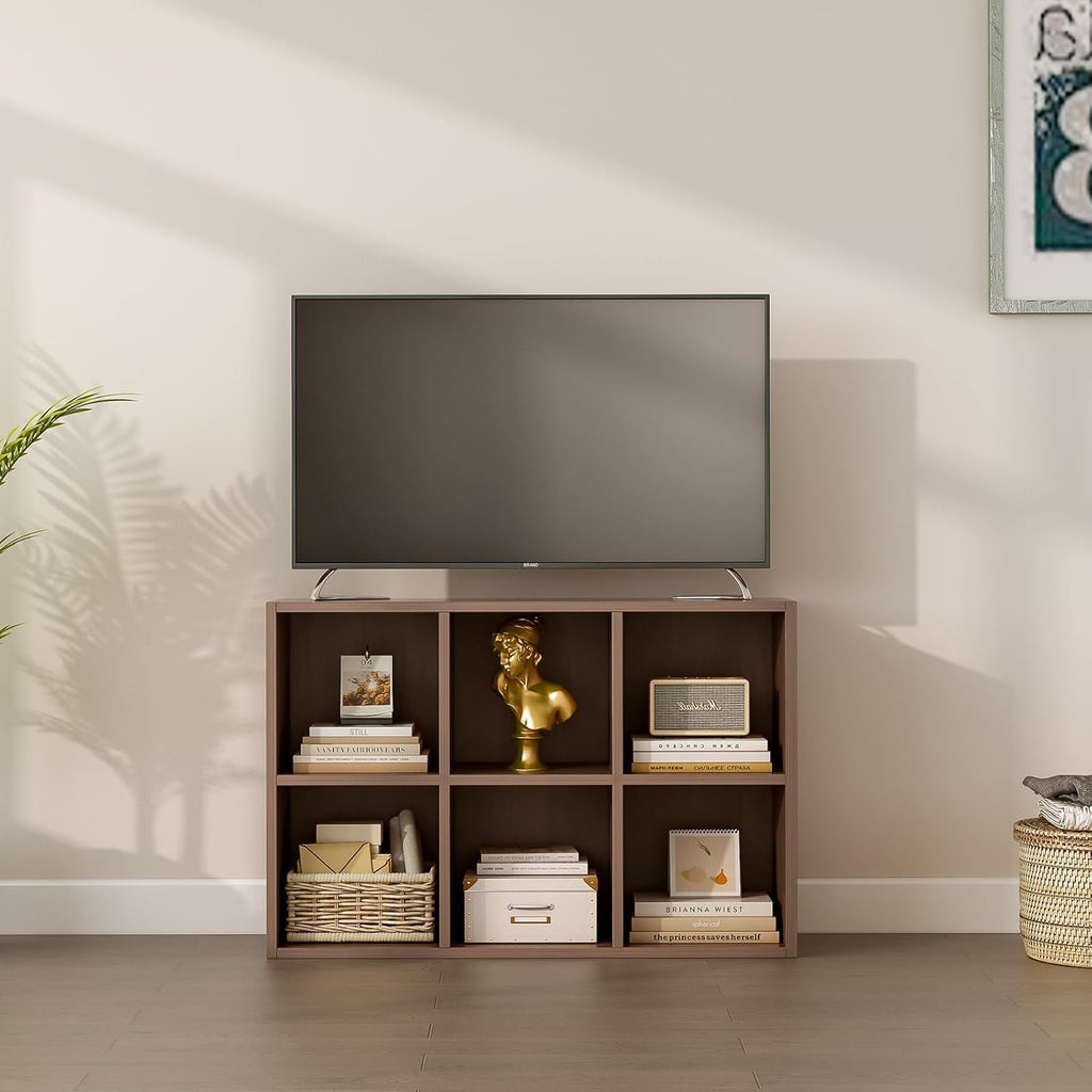 6-Cube Storage Shelf Bookcase - Wooden 3-Tier Floor Standing Open Bookshelf for Home and Office, Cuby Orgainzer, Walnut
