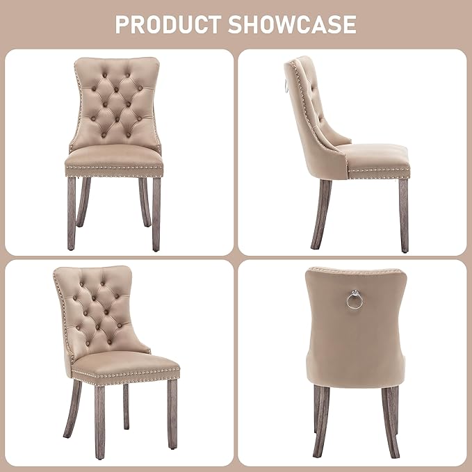 Mid Century Modern Dining Chair Set of 4 Velvet Upholstered Dining Accent Chair Farmhouse Dining Chairs with High Back and Nailhead Trim for Kitchen, Living Room, Bedroom (Khaki)