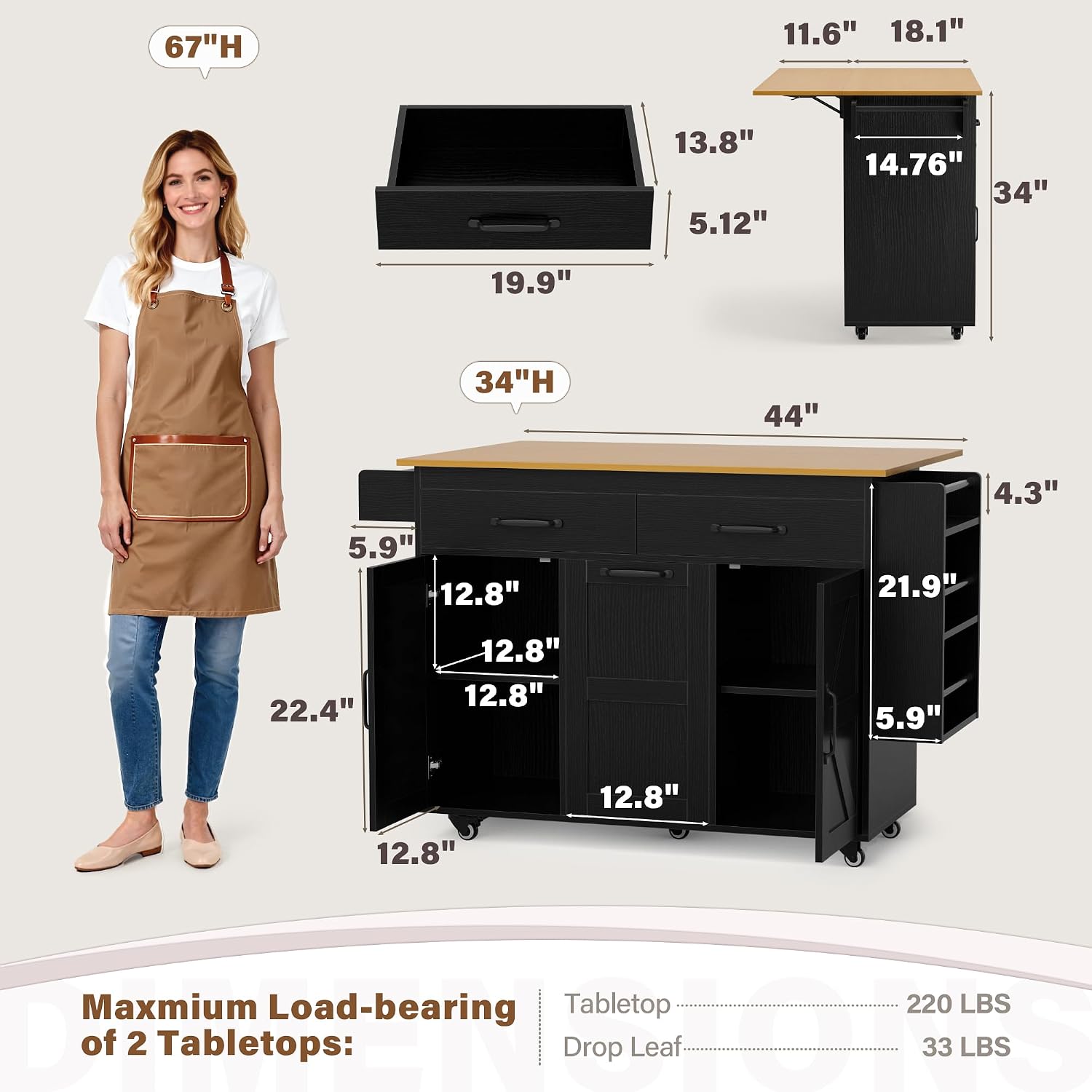 YESHOMY Kitchen Island on Wheels with Trash Cabinet, 56" Mobile Cart with Drop Leaf and Drawers, Rolling Portable Table with Spice Rack & Towel Holder for Dining Room, Black