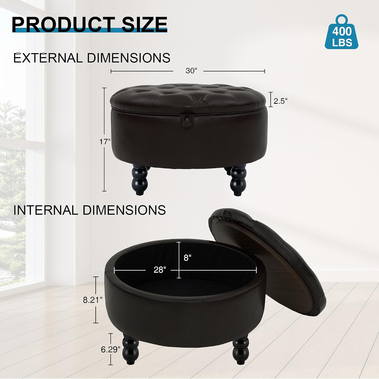 30 Inch Round Ottoman with Storage, Tufted PU Leather Storage Bench for Bedroom, Living Room & Entryway, Modern Upholstered Coffee Table with Wooden Black Legs, Dark Brown(PU)