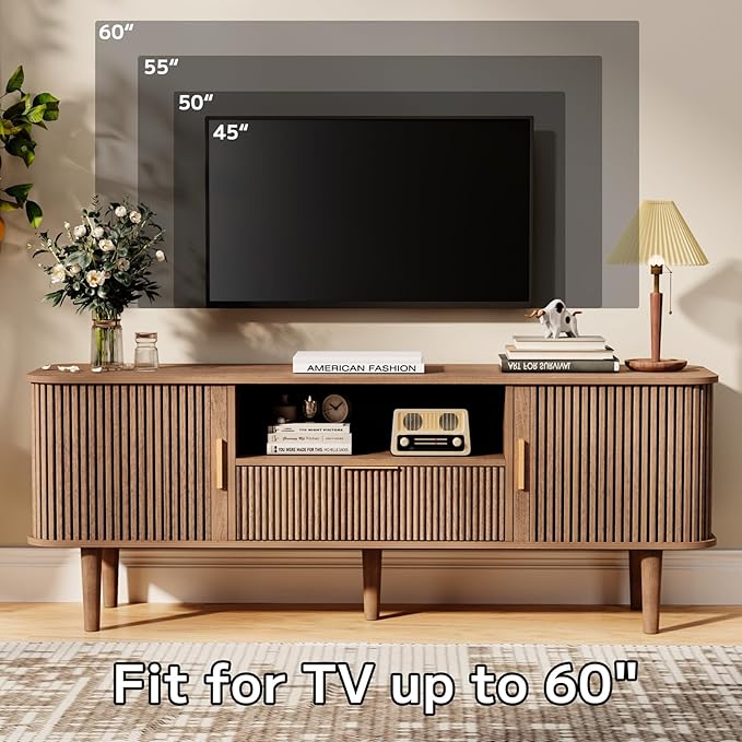 Fluted TV Stand, 55 Inch Mid Century Modern Media Console Table with Sliding Tambour Door Farmhouse Sideboard Buffet Cabinet Fits TVs up to 75 inch, Wood Entertainment Center for Living Room