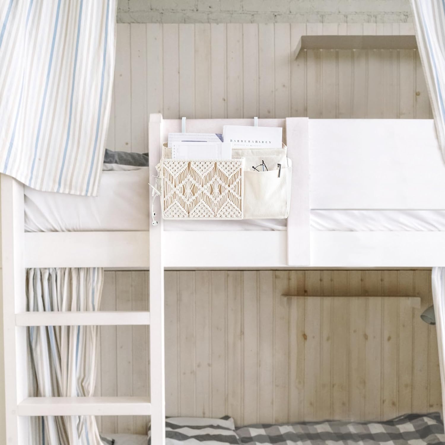 Mkono Bedside Caddy Hanging Organizer, Boho Macrame Storage with Fixed Straps and Hooks, 4 Pockets Holder Remote Magazine Accessories for Home Loft Bunk Bed, Dorm, Hospital Beds