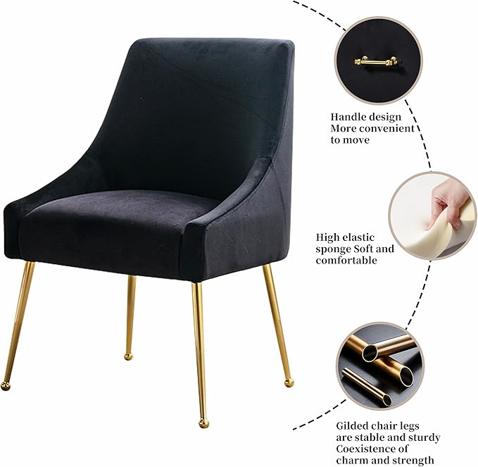 Modern Velvet Dining Chairs Set of 6, Contemporary Upholstered Furniture Collection with Polished Gold Metal Legs, Elegant Accent Chairs for Kitchen Living Room(Black)