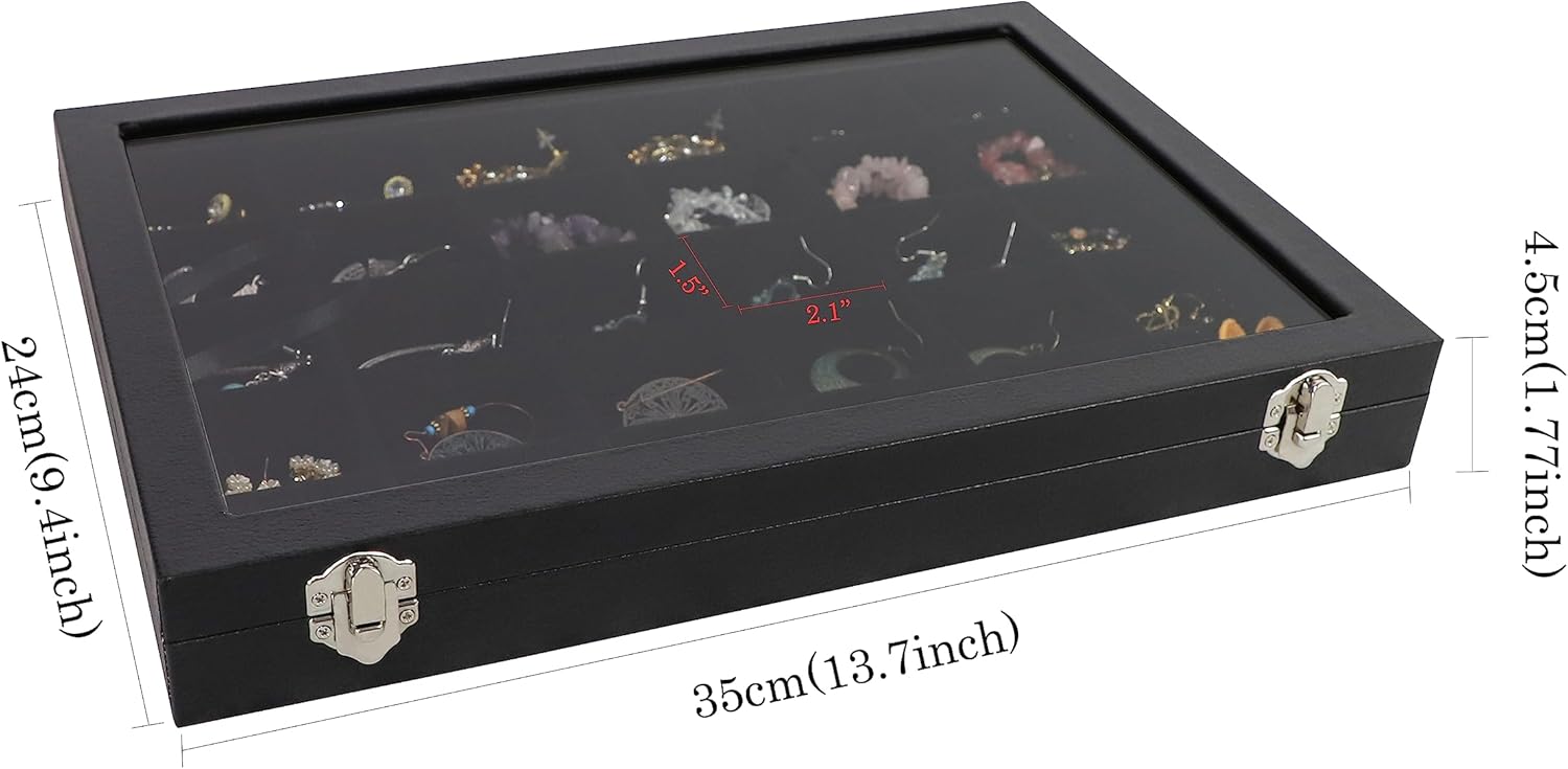 Wudygirl 30 Grid Jewelry Organizer Clear Lid Jewelry Tray Stackable Jewelry Storage Case Display Rings,Earrings,Necklace,Black Velvet (30 Grid)