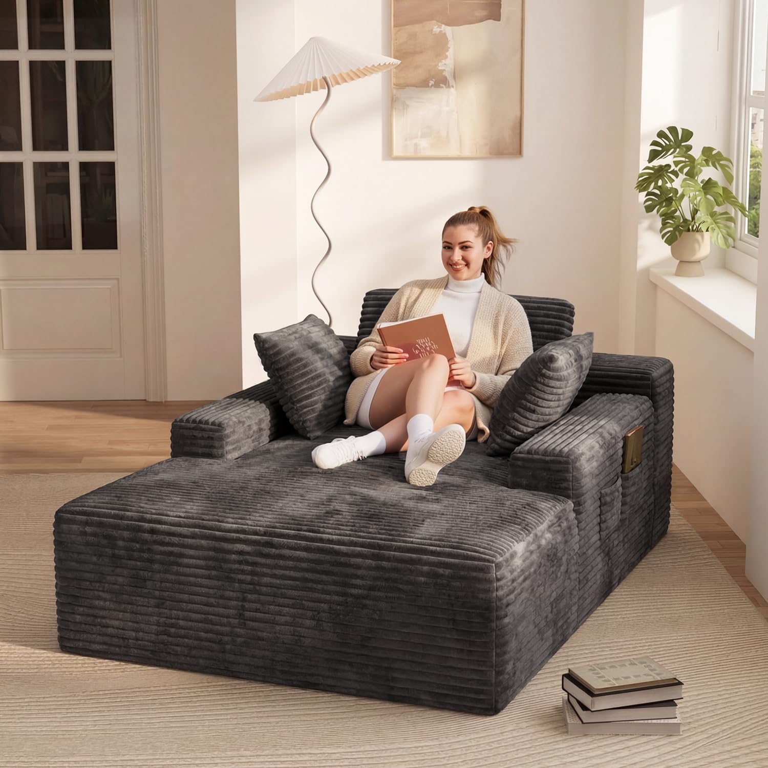 67" Boneless Chair, Chaise Lounge Chair Indoor with 3 Pillows, Gray | No-Assembly Corduroy Chaise Lounge;Oversized boneless chaise lounge with Side Pockets;Pet-Friendly Fuzzy Reading Chair