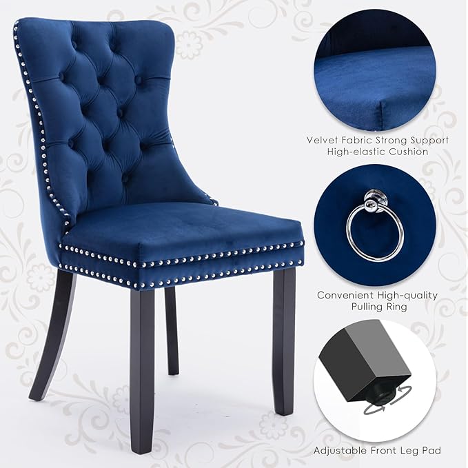 Velvet Upholstered Dining Chairs Set of 4, Modern Style Kitchen Side Chairs with Nailhead Trim and Wood Legs,Metal Pulling Ring for Dining Room Living Room(Blue,Set of 4)