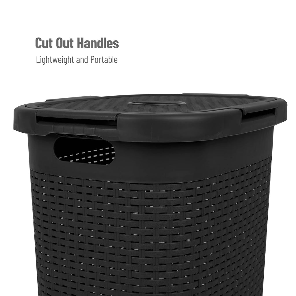 Mind Reader 60L Slim Laundry Hamper, Clothes Basket, Lid, Wicker Design, Plastic, 17.65"L x 13.75"W x 24.15"H, Black