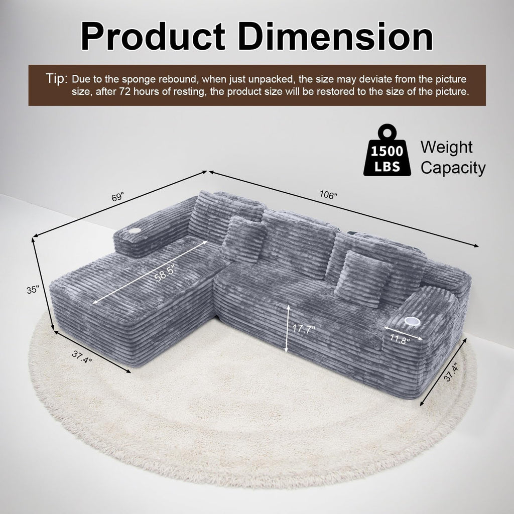 Cloud Sectional Couch with L-Shape Chaise, Modern Modular Sofa with Deep Seat, Built-in Cup Holder & Storage Pocket for Living Room Bedroom, No Assembly Required (Light Gray, Left Facing Chaise)