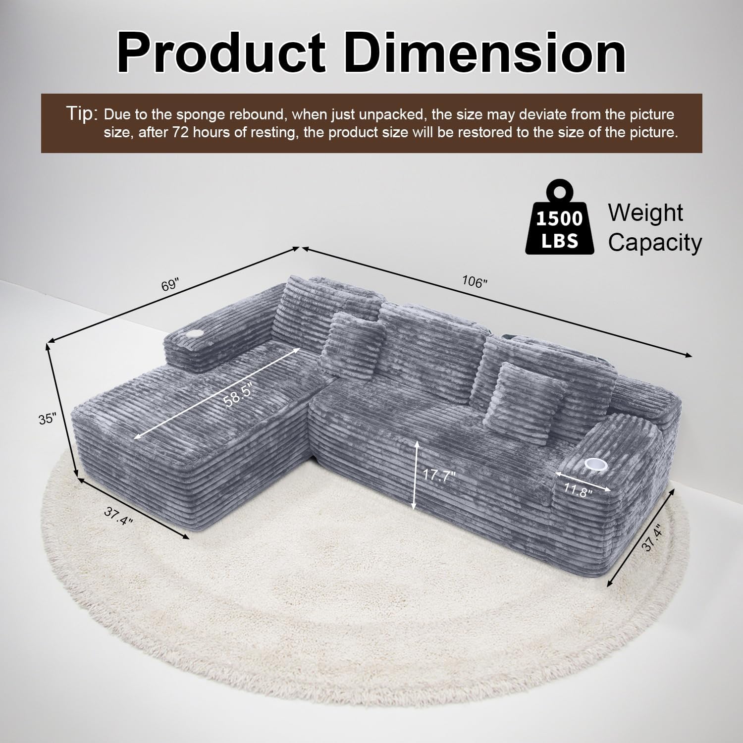 Cloud Sectional Couch with L-Shape Chaise, Modern Modular Sofa with Deep Seat, Built-in Cup Holder & Storage Pocket for Living Room Bedroom, No Assembly Required (Light Gray, Left Facing Chaise)