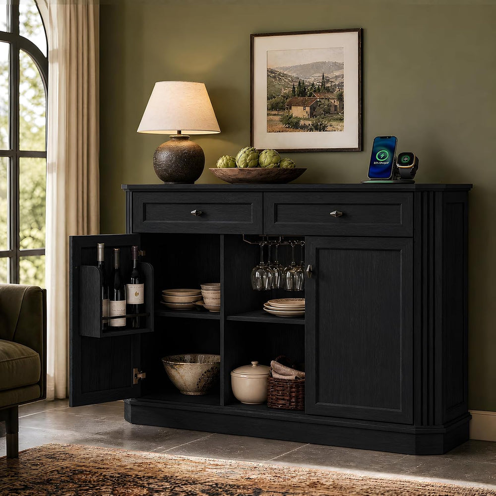 47" Wine Bar Cabinet with LED Light & Power Outlets, 2 Door Coffee B...