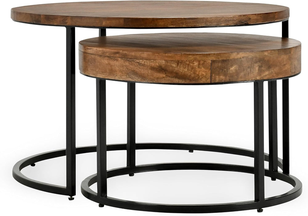 32" Natural Grain Side Coffee Table, Small Nesting Tables with Sturdy Ir...