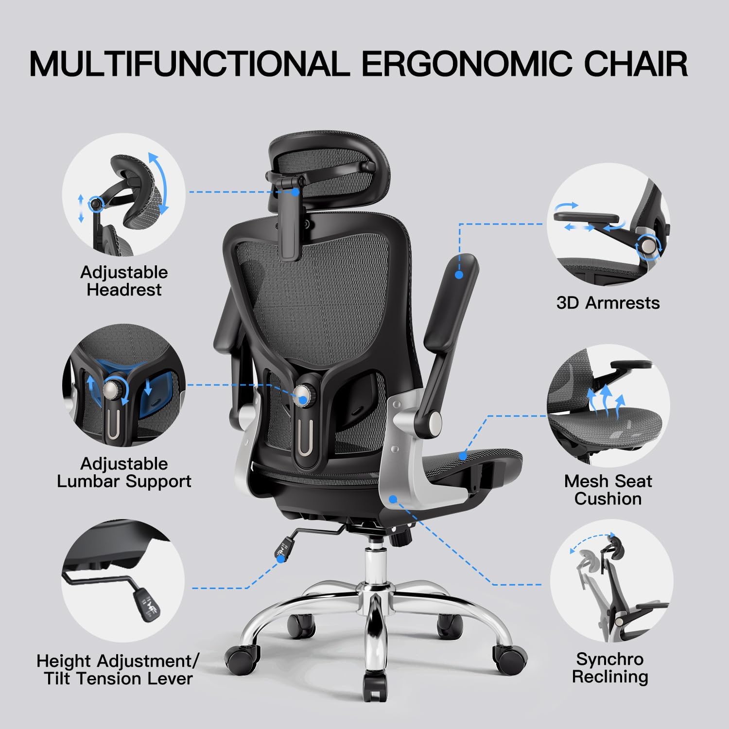 marrap Ergonomic Office Chair, Mesh Desk Chair with 3D Armrests, Adjustable Lumbar Support and Headrest, 90-120° Rocking Function, Black