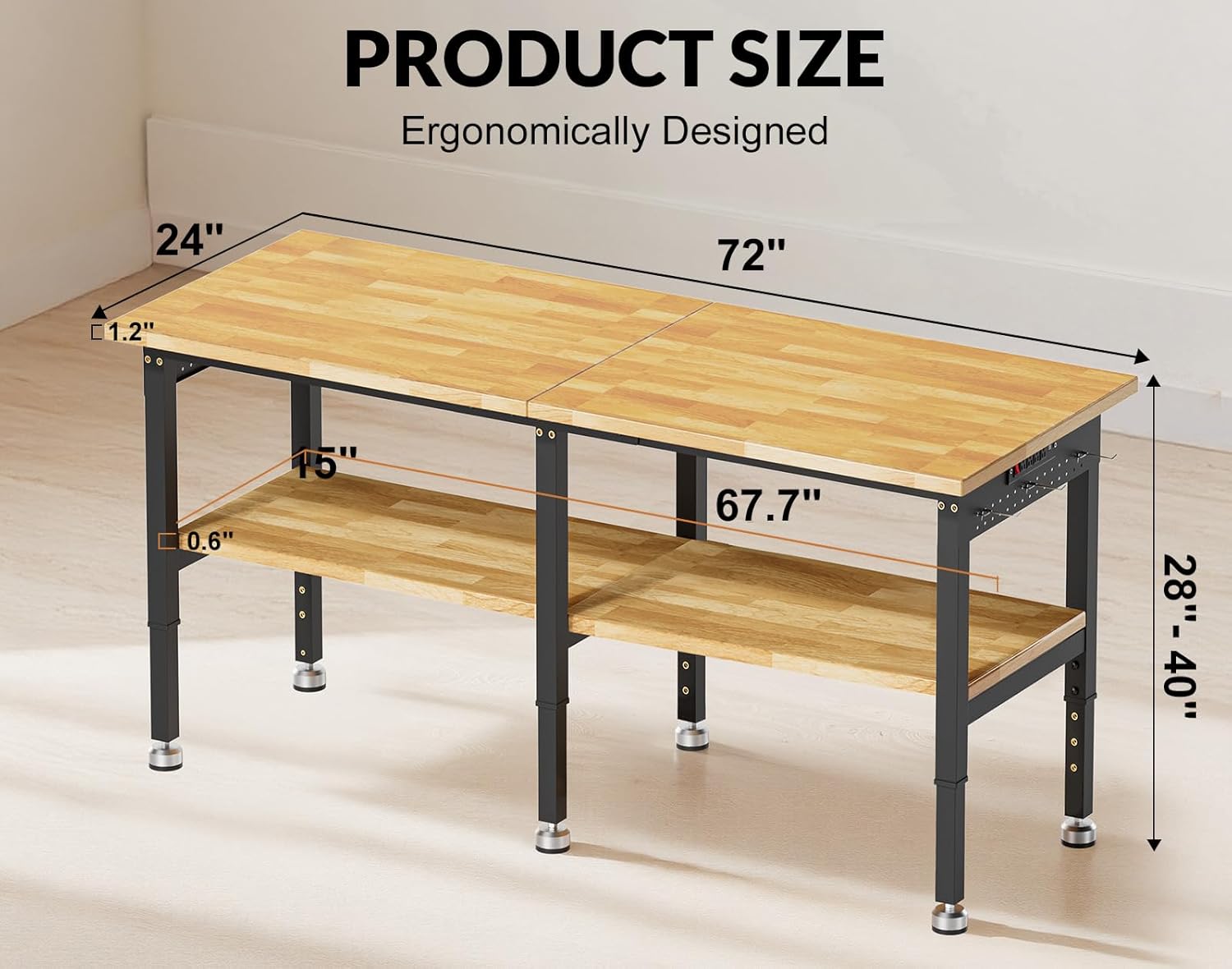 72”Heavy Duty Work Bench, 2-Layer Adjustable Workbench, 5000 LBS Capacity Work Bench with Power Outlet & Pegboard, Rubber Wood Work Table for Garage, Workshop, Office, Home