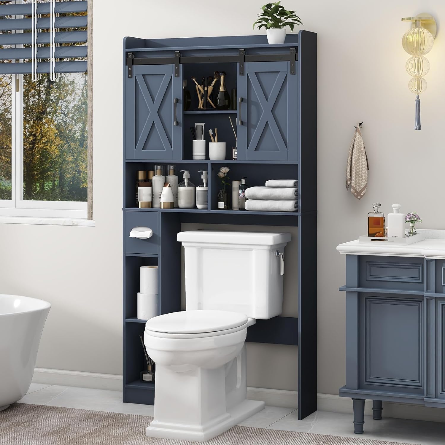 Vabches Over The Toilet Storage Cabinet, Farmhouse Storage Cabinet Over Toilet with Sliding Doors，Home Space-Saving Toilet Rack, for Bathroom, Restroom, Laundry