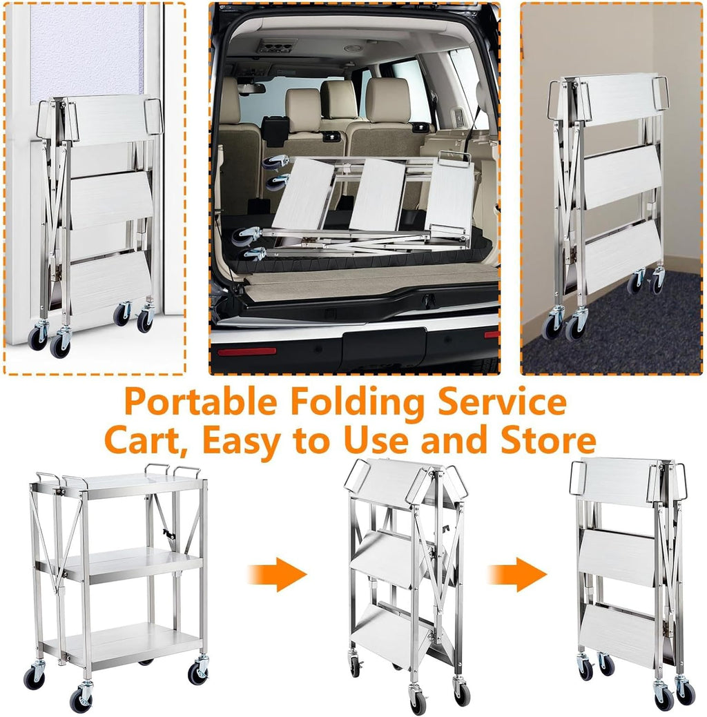 3 Tiers Folding Stainless Steel Utility Service Cart with Wheels-Heavy Duty 300LBS Outdoor Stainless Grill Cart,Kitchen Utility Carts and Service Trolley Carts