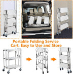 3 Tiers Folding Stainless Steel Utility Service Cart with Wheels-Heavy Duty 300LBS Outdoor Stainless Grill Cart,Kitchen Utility Carts and Service Trolley Carts