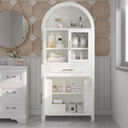 71" Tall Arched Farmhouse Pantry Cabinet with Glass Barn Door, Adjustable Shelves & Storage Racks, Rustic Freestanding Kitchen Cabinet for Living Room, Dining Room, Entryway, White