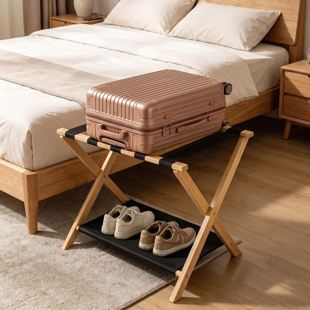 Luggage Rack, Heavy-Duty Bamboo Foldable Suitcase Stand with Storage Shelf, Fits Up to 28" Luggage, Space-Saving Organizer Holder for Guest Room, Bedroom, Hotel, Dorm and Entryway, Natural(2 Pack)