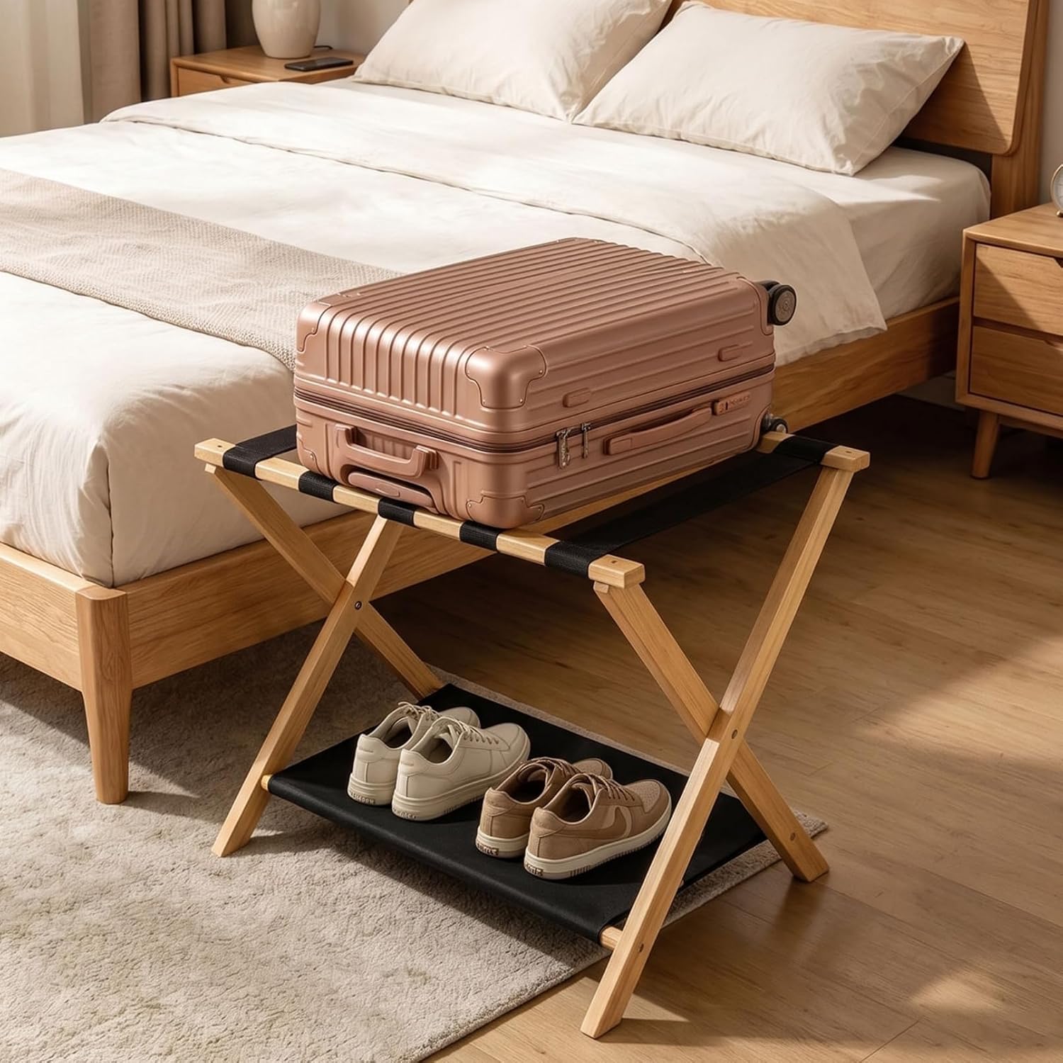 Luggage Rack, Heavy-Duty Bamboo Foldable Suitcase Stand with Storage Shelf, Fits Up to 28" Luggage, Space-Saving Organizer Holder for Guest Room, Bedroom, Hotel, Dorm and Entryway, Natural(2 Pack)