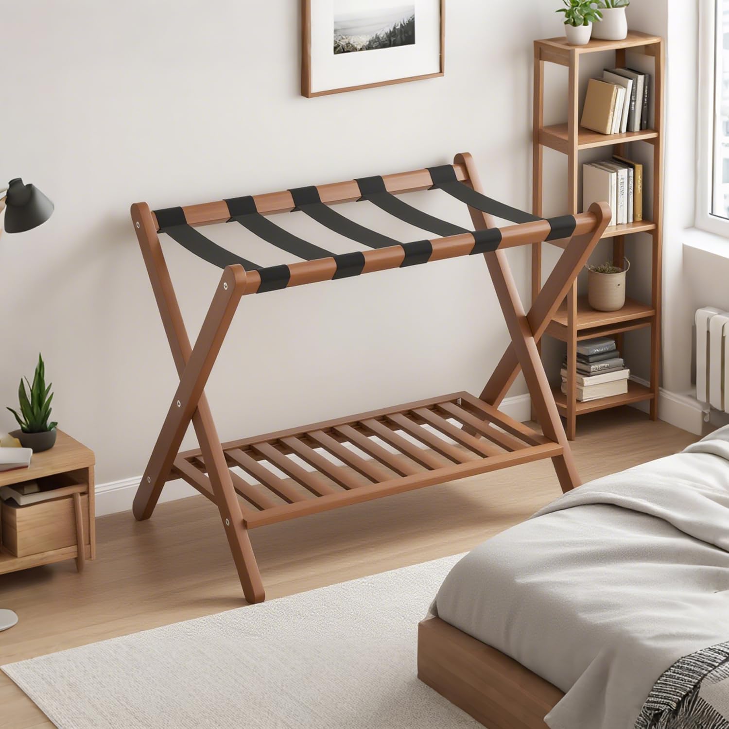Bamboo Luggage Rack with Shoe Shelf Folding Suitcase Stand with 5 Heavy-Duty Straps for Guest Room Living Room Hotel Ideal Luggage Holder for Suitcases Bags Shoes,Walnut Brown